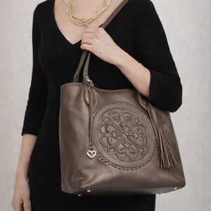 BRIGHTON FERRARA COLL. PEWTER GABRIELLA MEDALLION TASSELED TOTE PURSE